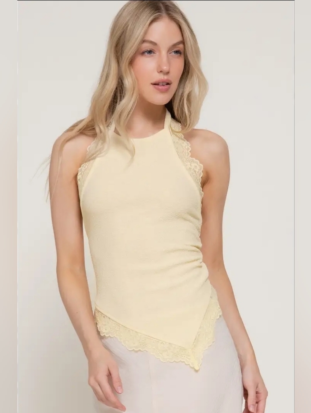 Lace-Trim Texture Knit Halter Tank Top - Pale Yellow